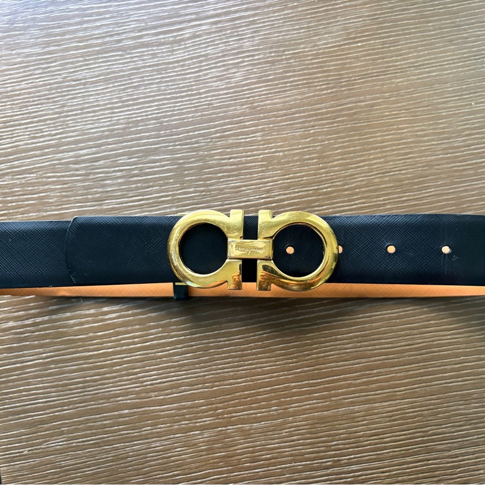 Salvatore Ferragamo Black and Tan Leather Belt with Gold Gancini Buckle